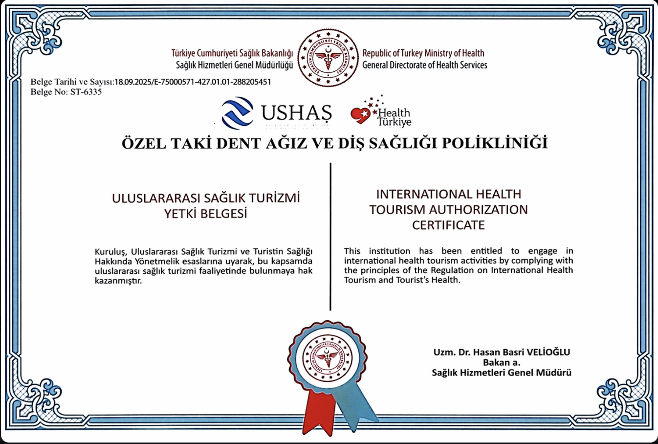 Taki Dent — Republic of Turkey Ministry of Health International Health Tourism Authorisation certificate No. ST-6335